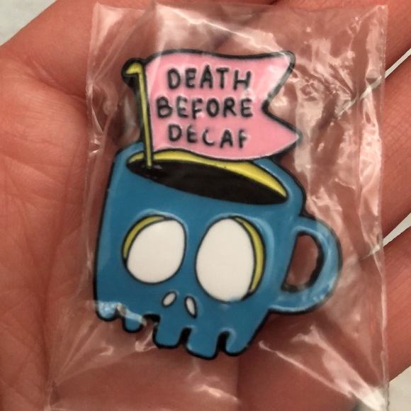 Funny Skull Coffee Mug Cup “Death Before Decaf” Metal Enamel Pin Brooch - Picture 3 of 8